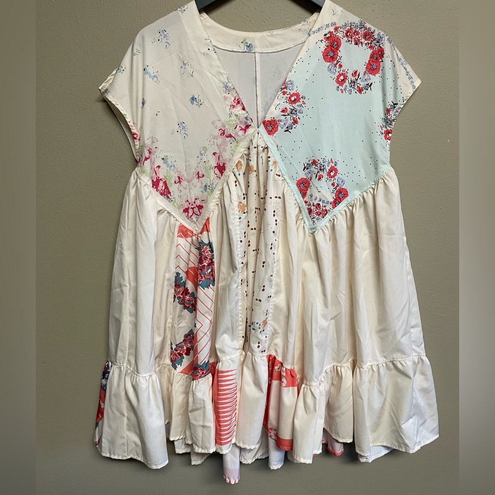 Floral Flowy Patchwork Boho Festival Deep-V Dress Tunic Summer Vacation Coverup